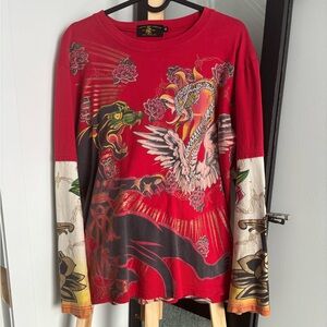 Christian Audigier Red Graphic Crewneck Top